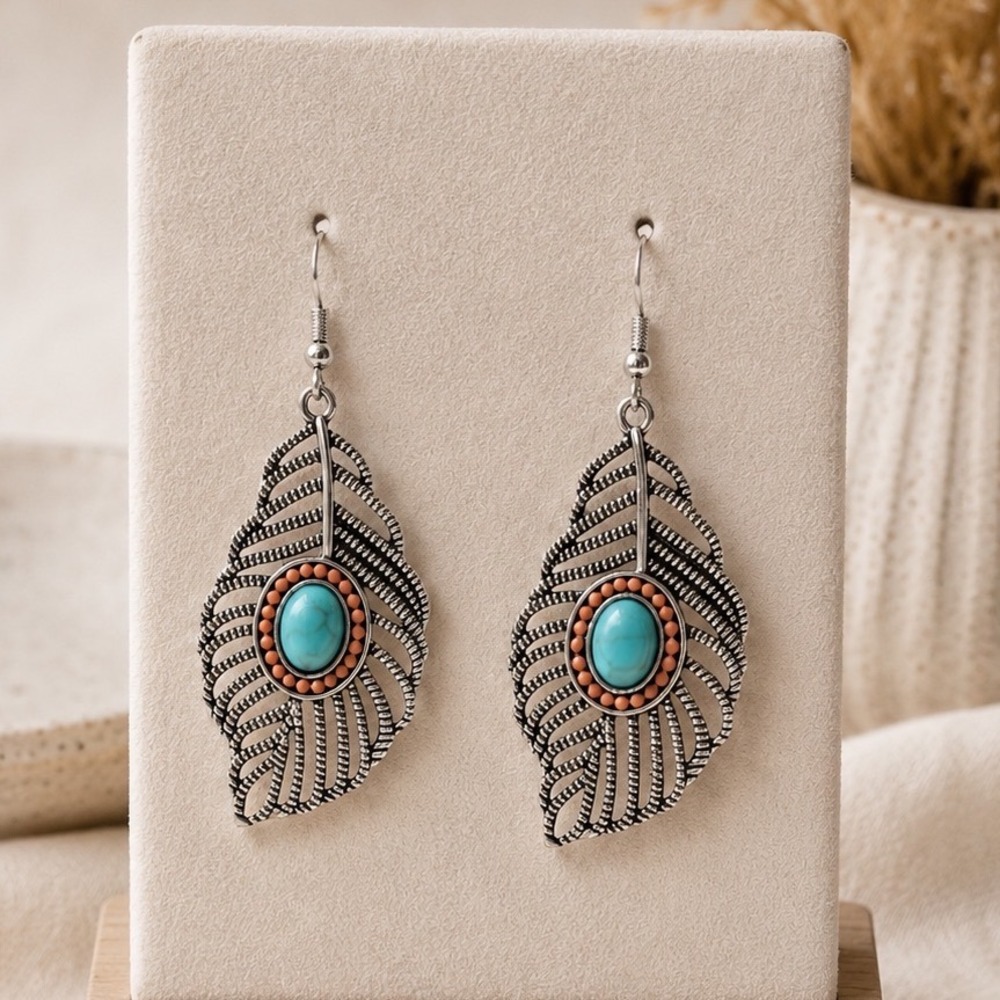 Leaf Dangle‎ Earrings Womens Faux Silver Turquoise Boho Western Feather Boutique